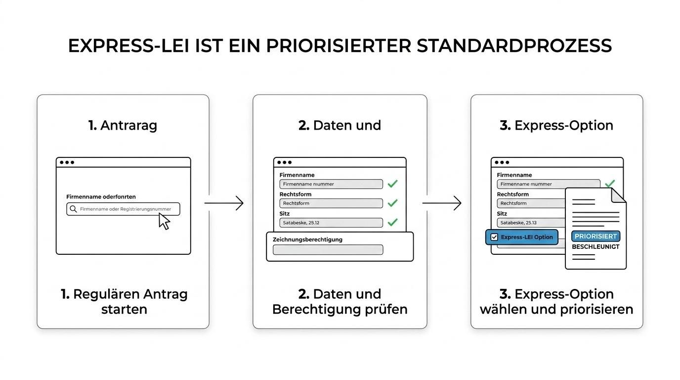 Ablaufgrafik für einen Express-LEI-Antrag von Firmensuche über Prüfung und Autorisierung bis zur Express-Auswahl.