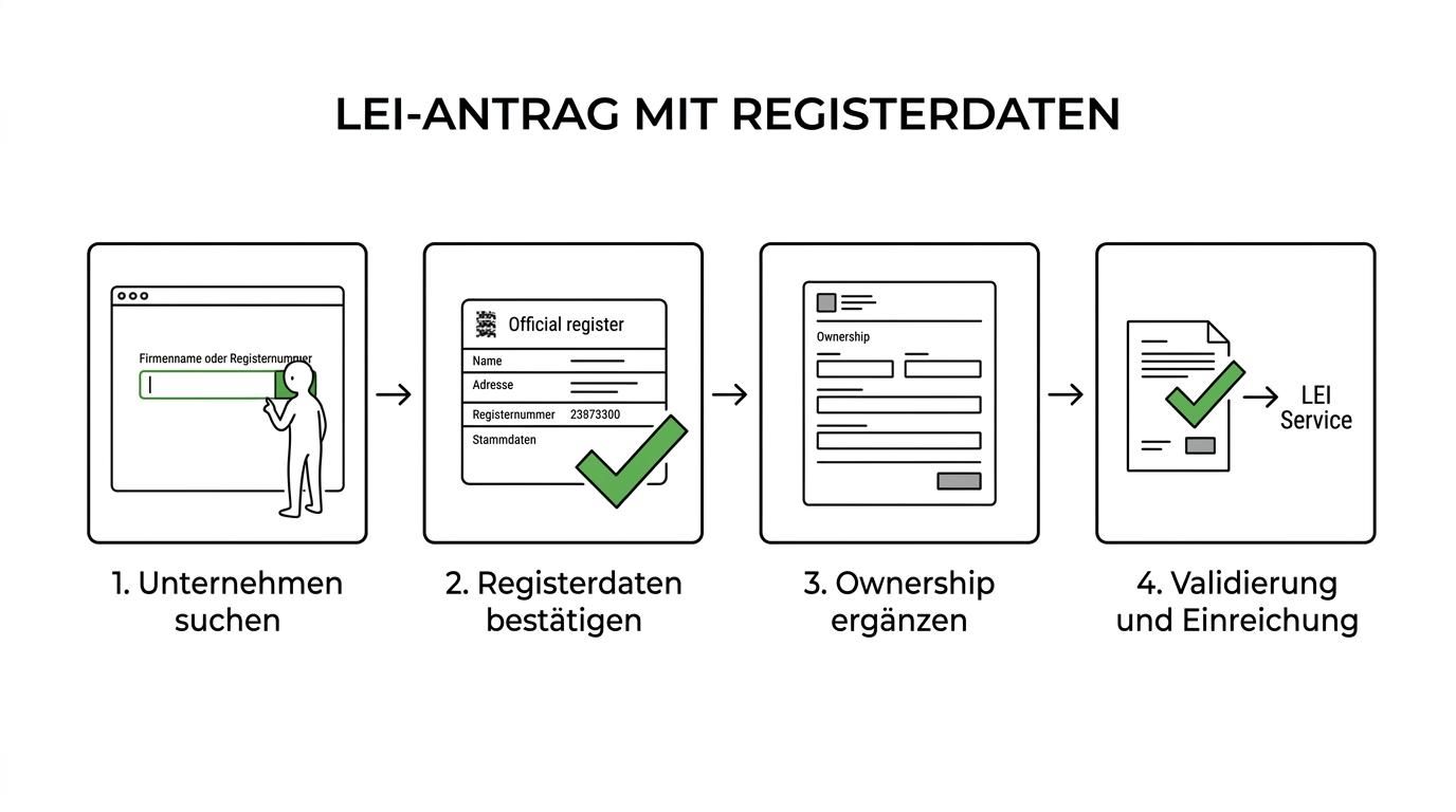 Ein vierstufiger LEI-Antragsablauf mit Unternehmenssuche, Bestätigung offizieller Registerdaten, Ownership-Angaben sowie Validierung und Einreichung durch LEI Service.