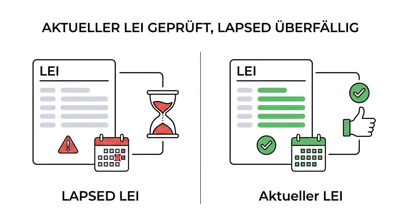 Gegenüberstellung eines LEI mit aktueller Validierung und eines LEI mit Status LAPSED bei Datenlage, Compliance und Transaktionsabläufen.