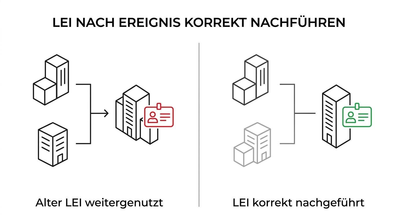 Vergleich von Fusion, Spaltung, Umwandlung und Übernahme mit den jeweils passenden LEI-Folgen und Nachfolgefeldern.