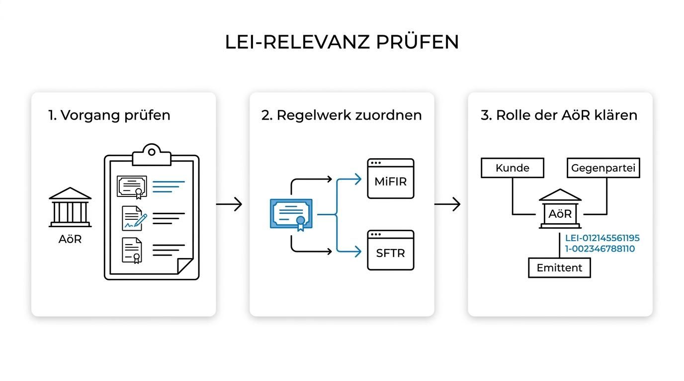 Dreistufiges Ablaufdiagramm zur LEI-Prüfung für eine Anstalt des öffentlichen Rechts: Finanzgeschäft prüfen, Regelwerk zuordnen, Rolle der AöR bestimmen.