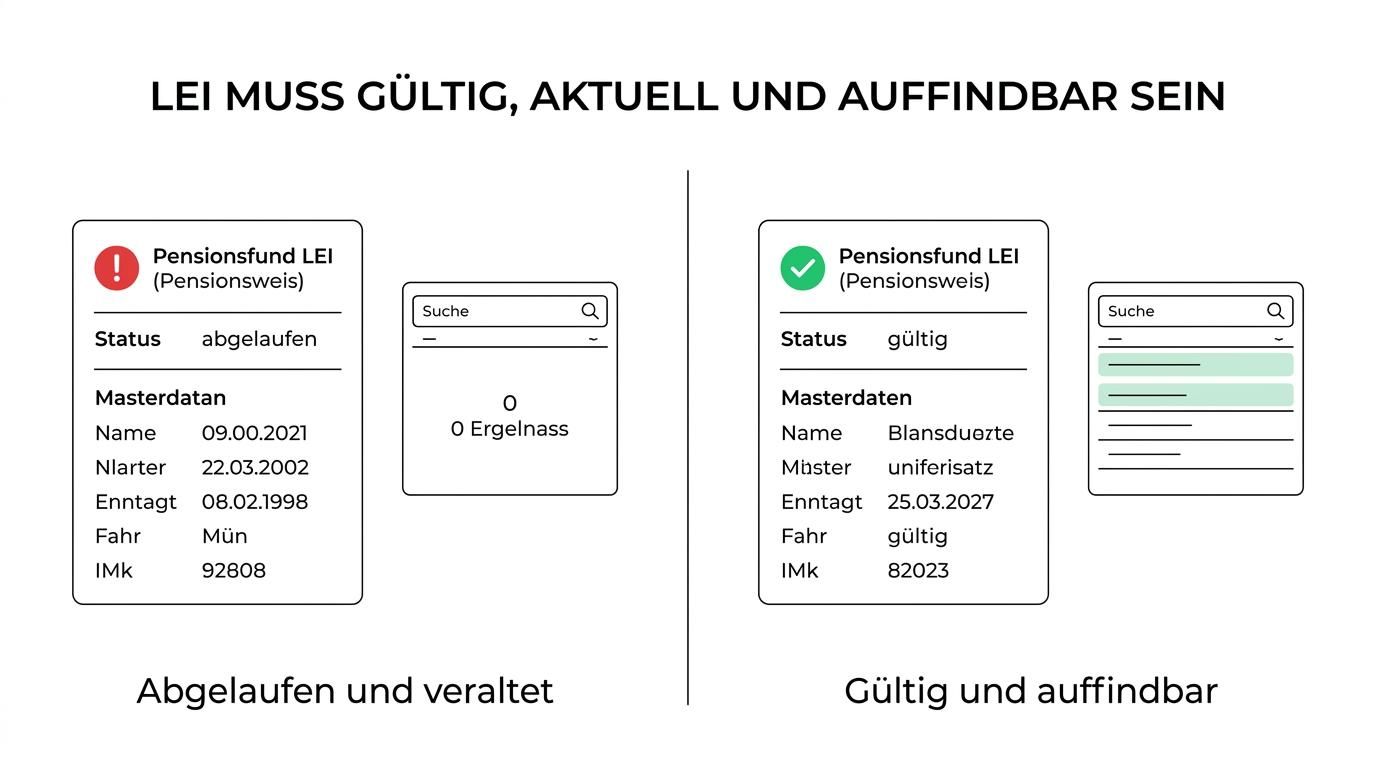Gegenüberstellung eines Pensionsfonds mit gültigem, aktuellem LEI und eines Pensionsfonds mit abgelaufenem oder fehlendem LEI in Melde- und Transaktionsprozessen.