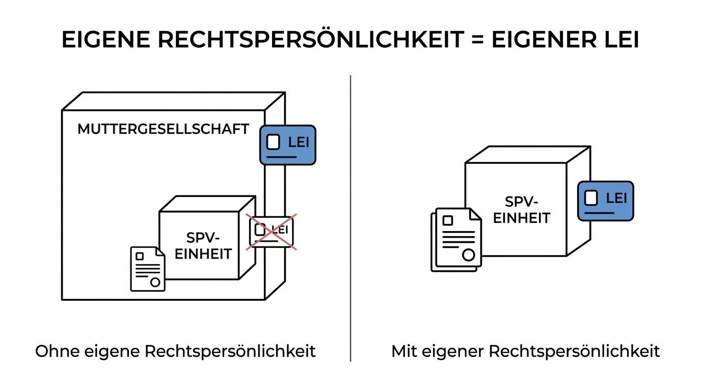 Gegenüberstellung einer SPV mit eigener Rechtspersönlichkeit und einer Struktur ohne eigene Rechtspersönlichkeit mit jeweils passender LEI-Zuordnung.