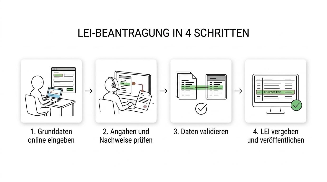 Vierstufige Grafik zur LEI-Beantragung für Fonds und KVGs: Online-Antrag, Prüfung, Validierung und Vergabe des LEI mit Zeitangaben.