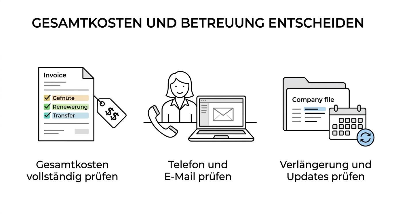 Grafik mit sechs Kriterien für den Vergleich von LEI-Anbietern: Preis, Gebührenlogik, regulatorische Abdeckung, Support, Datenpflege und Verlängerung.