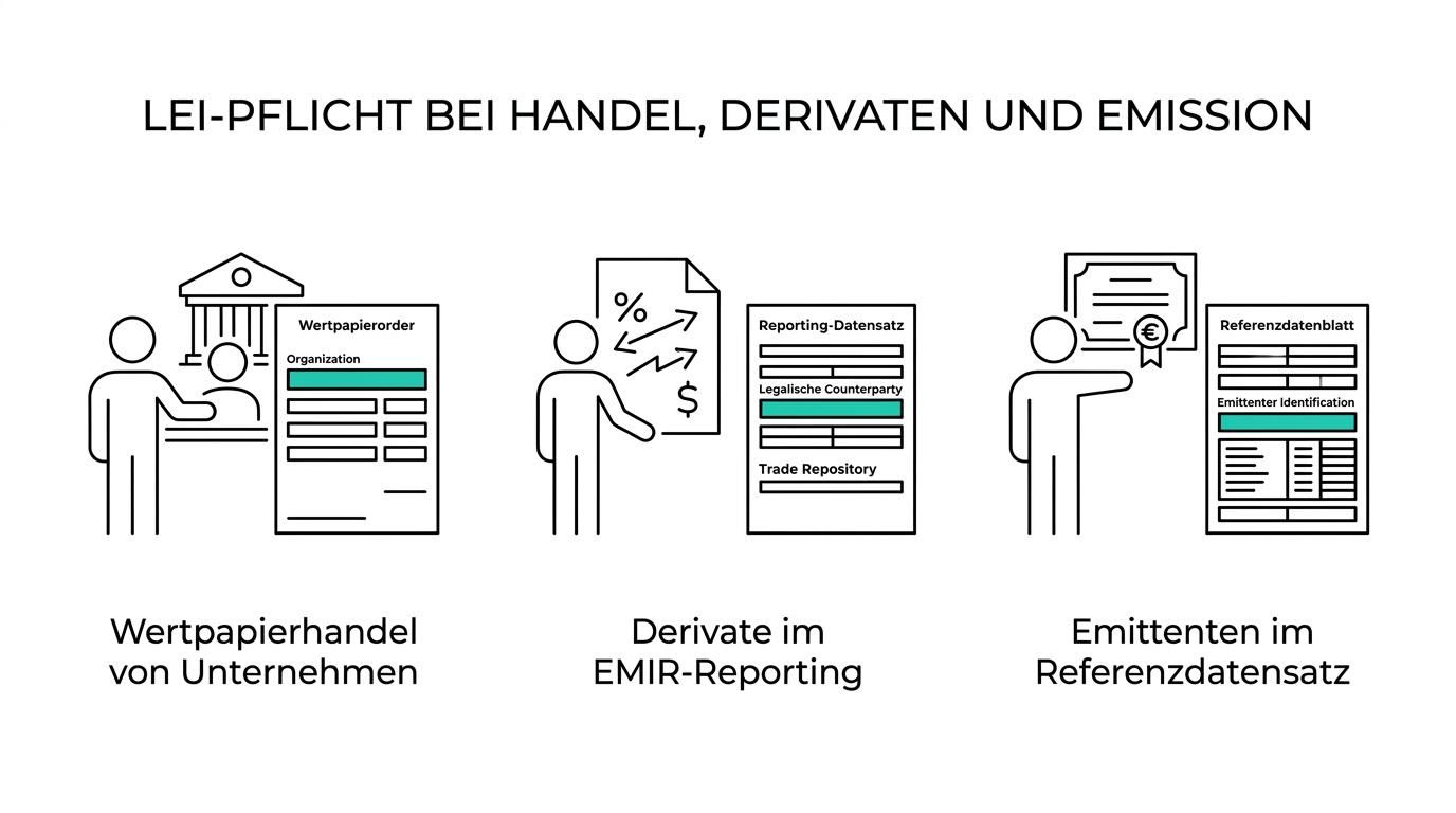 Übersichtsgrafik mit LEI im Zentrum und drei Bereichen darum: Wertpapierhandel nach MiFIR/MiFID II, Derivate-Reporting nach EMIR und Emittenten- bzw. Referenzdaten in FIRDS.