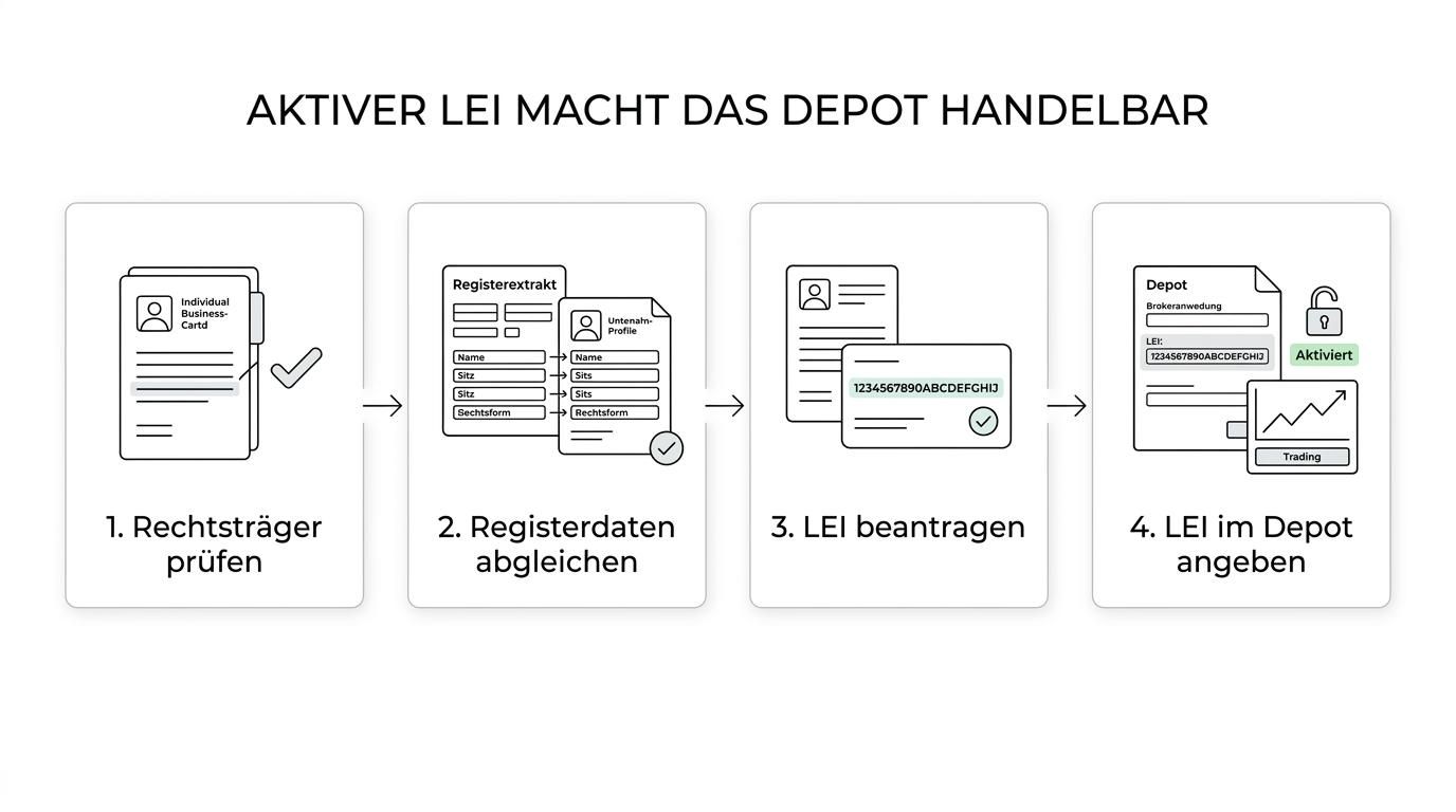 Diagramm mit Schritten von Registerdaten und LEI-Beantragung über Depot-Onboarding bis zur Freischaltung des Wertpapierhandels.