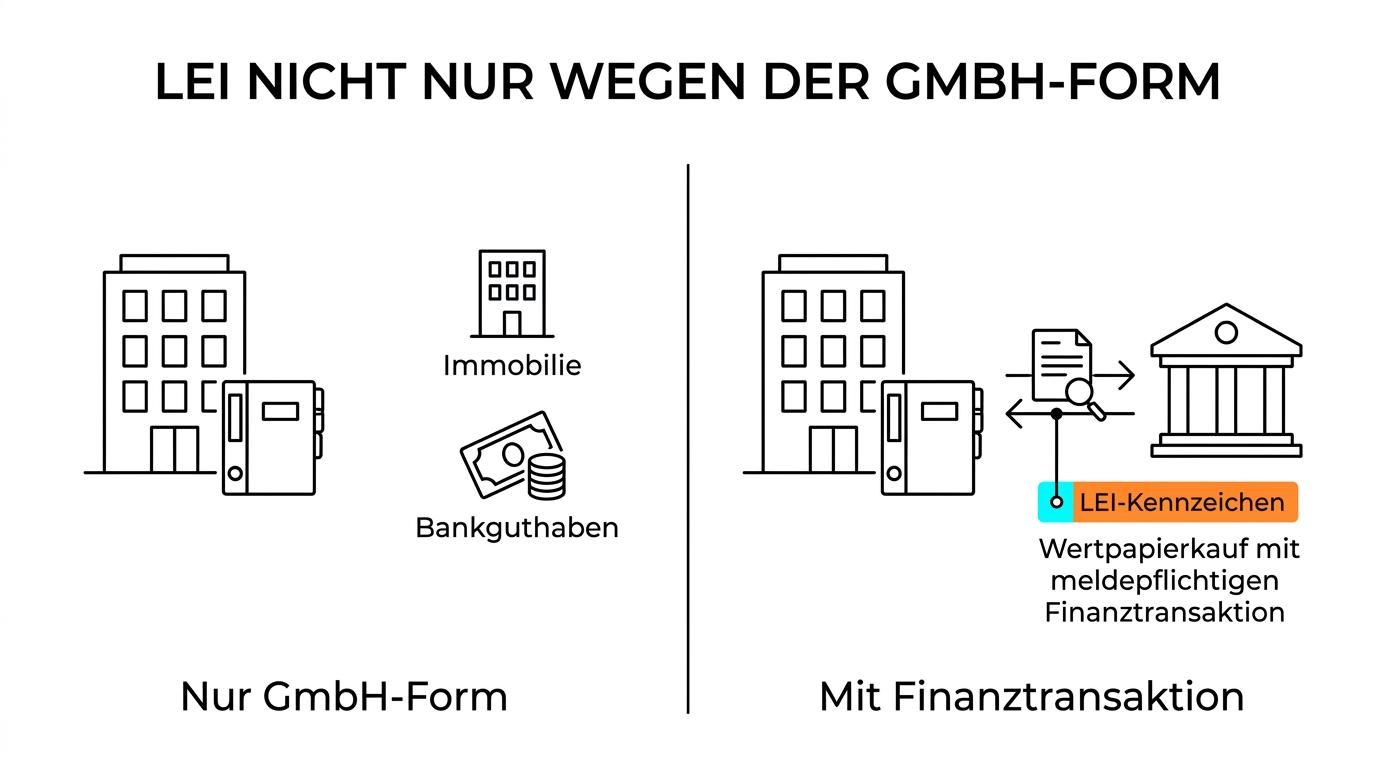 Gegenüberstellung einer vermögensverwaltenden GmbH ohne meldepflichtige Finanztransaktionen und einer GmbH mit Wertpapier- oder Derivategeschäften, bei denen ein LEI benötigt wird.