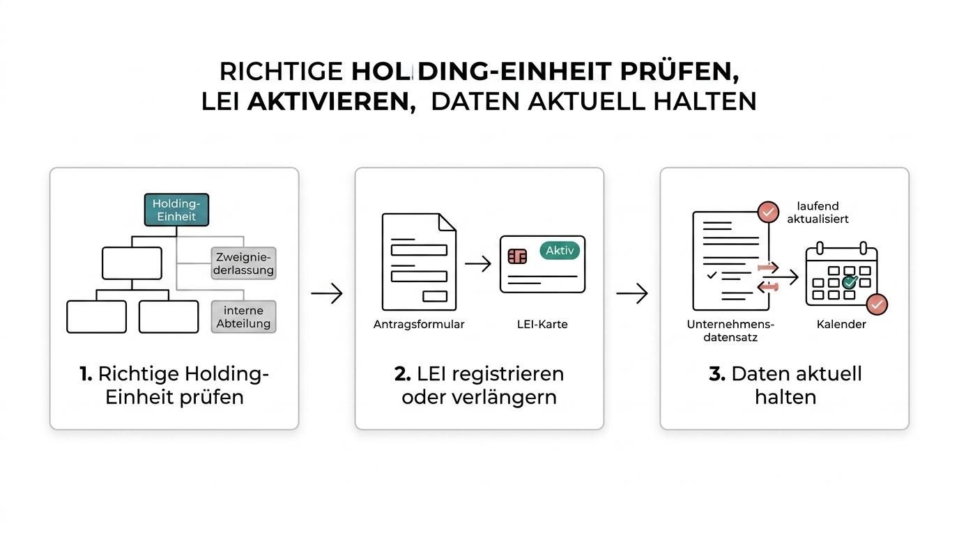 Dreistufige Prozessgrafik für Holdinggesellschaften: juristische Einheit prüfen, LEI registrieren oder übertragen, Daten und Verlängerungen laufend aktuell halten.