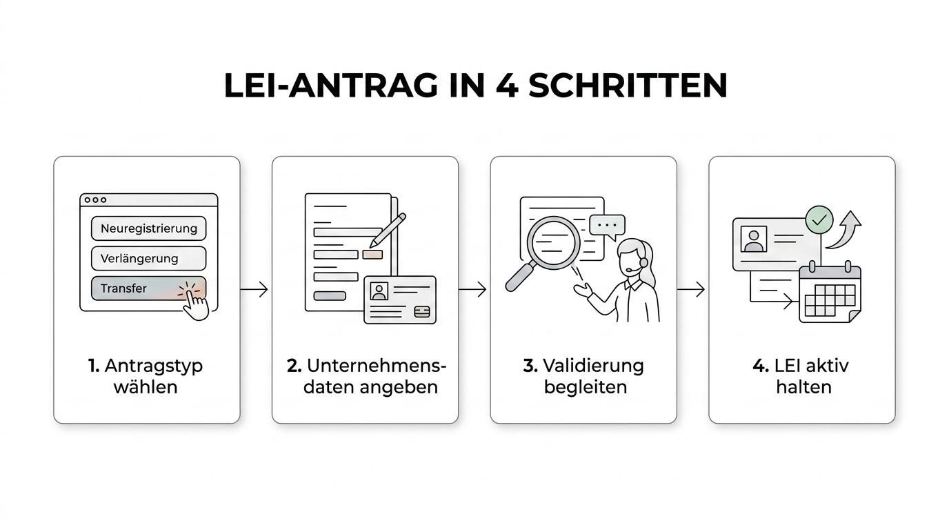 Vierstufiger Ablauf für LEI-Neuregistrierung, Verlängerung oder Transfer einer GmbH oder UG.
