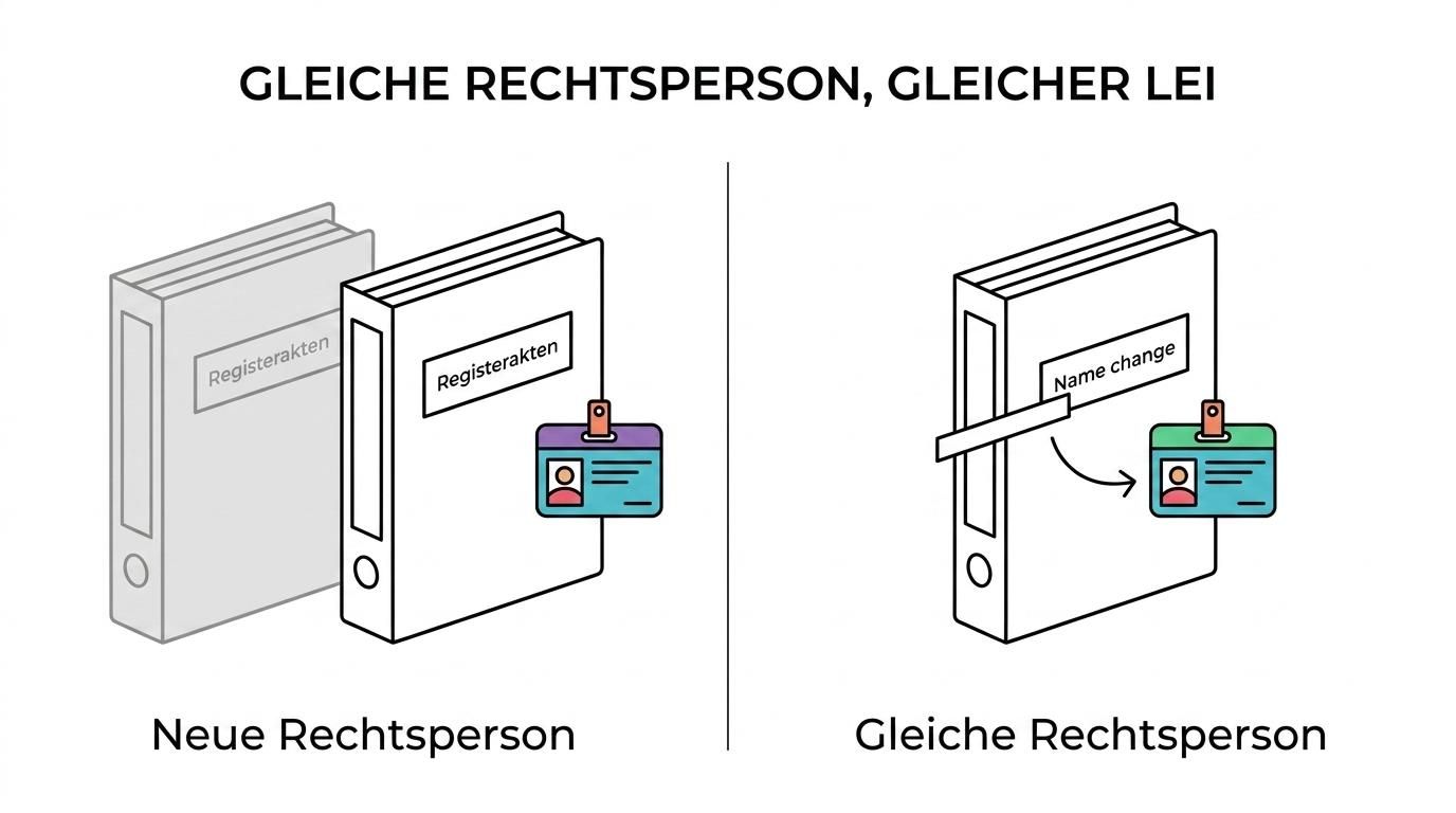 Side-by-side comparison of a name change with the same legal entity versus a newly created legal entity, showing when the existing LEI remains and when a new LEI is needed.