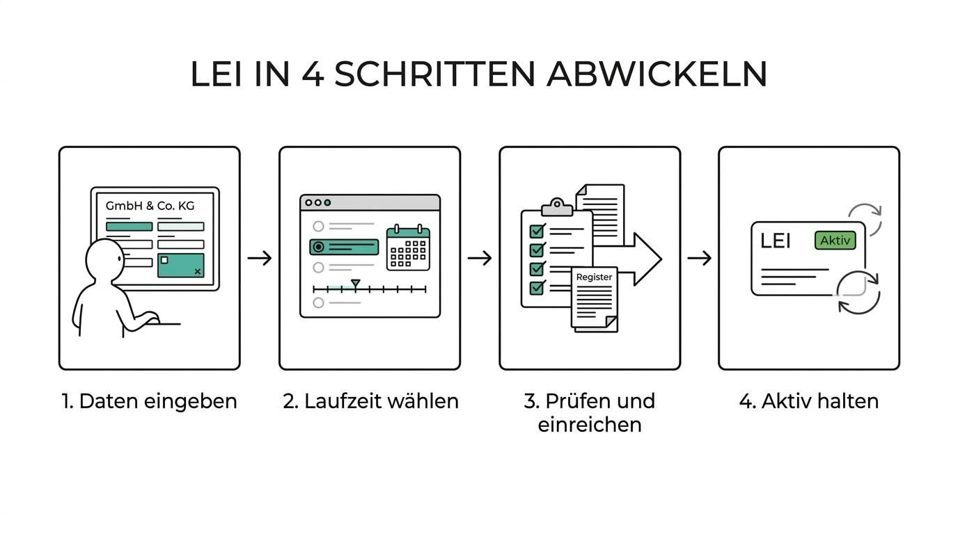 Four-step process graphic for a GmbH & Co. KG LEI: enter company data, choose term, review and submit, then keep the LEI active.