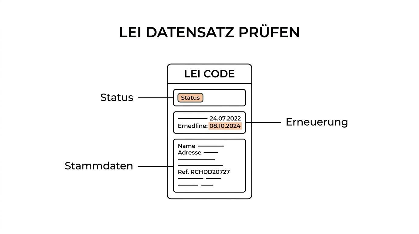 Beschriftete Übersicht eines LEI-Datensatzes mit Status, offiziellem Namen, NextRenewalDate, Registerangaben, Adresse und Managing LOU.