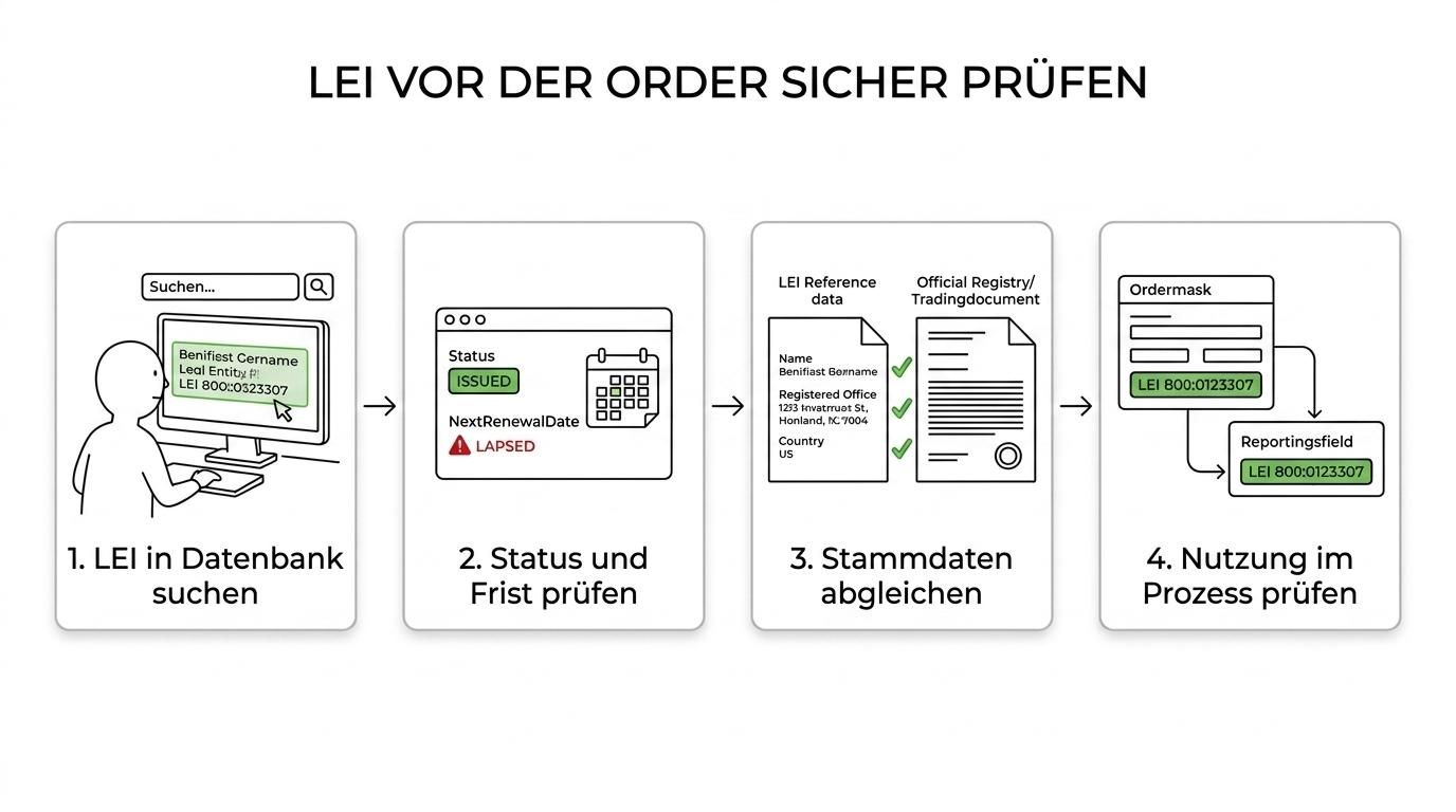 Ablaufgrafik zur LEI-Prüfung vor dem Wertpapierhandel: Datenbankabfrage, Status und NextRenewalDate prüfen, Stammdaten abgleichen, Reporting-Mapping kontrollieren und Emittenten- sowie Referenzdaten abgleichen.