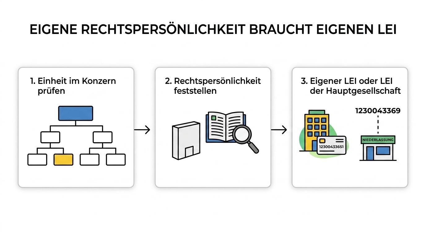 Entscheidungsablauf zur Frage, ob eine Konzerneinheit einen eigenen LEI braucht oder den LEI der Hauptgesellschaft nutzt.