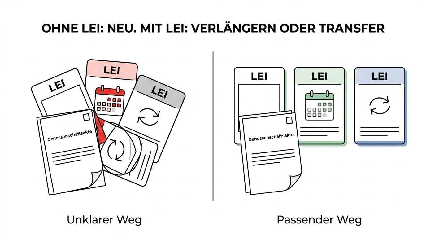 Gegenüberstellung der drei LEI-Service-Wege für Genossenschaften: Neuregistrierung, Verlängerung und kostenloser Transfer.