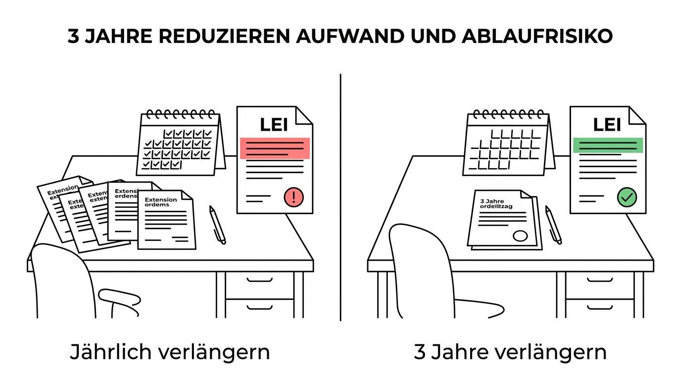 Side-by-side comparison of annual LEI renewal and a 3-year LEI renewal with repeated manual steps on one side and automated ongoing management on the other.
