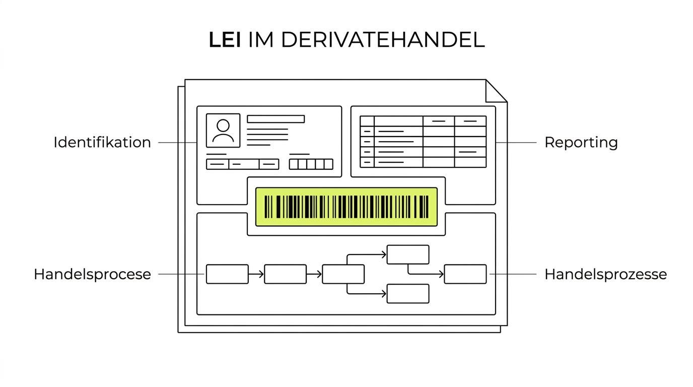 Diagramm mit dem LEI im Zentrum und Verbindungen zu Gegenpartei-Identifikation, EMIR-Reporting, Bank-Onboarding und internen Kontrollen.