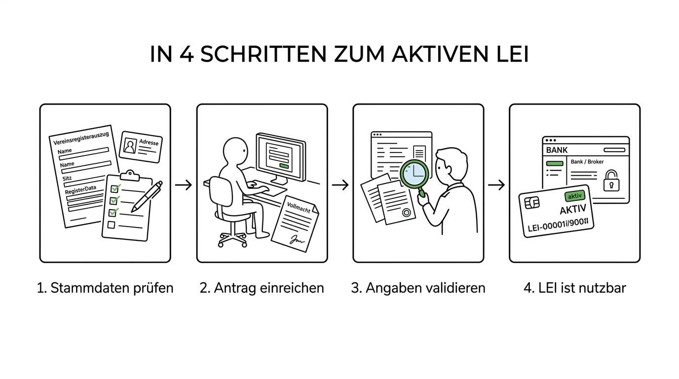 Ein Schritt-für-Schritt-Diagramm zur LEI-Beantragung für einen Verein: Daten prüfen, Antrag stellen, Validierung, Rückfrage bei Bedarf und Veröffentlichung des LEI.