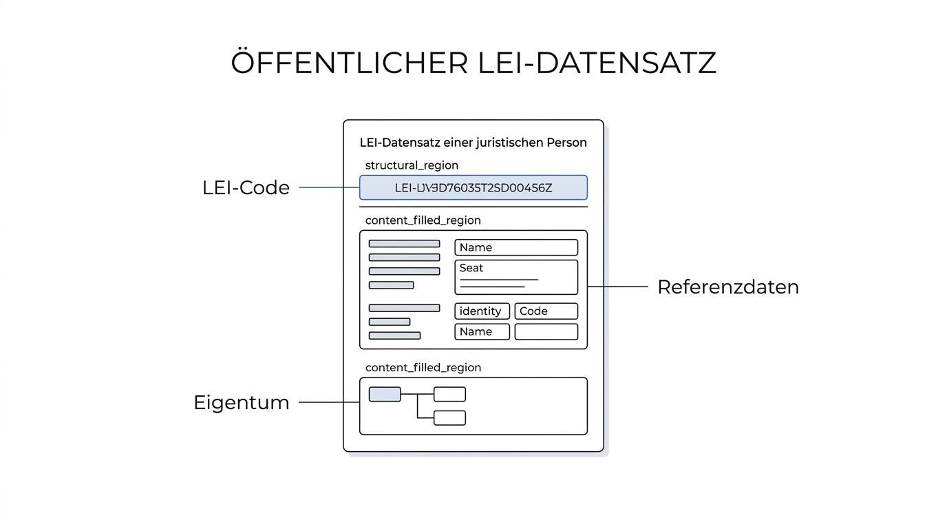 Diagramm eines LEI-Datensatzes mit markierten Bereichen für Identitätsdaten, öffentliche Referenzdaten, mögliche Eigentumsbeziehungen und Prüfung durch Gegenparteien.