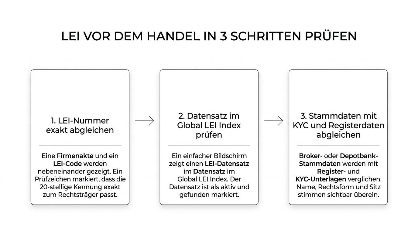 Dreistufige Darstellung der LEI-Prüfung: 20-stellige Nummer abgleichen, Global LEI Index prüfen und Firmendaten mit KYC- und Registerdaten vergleichen.