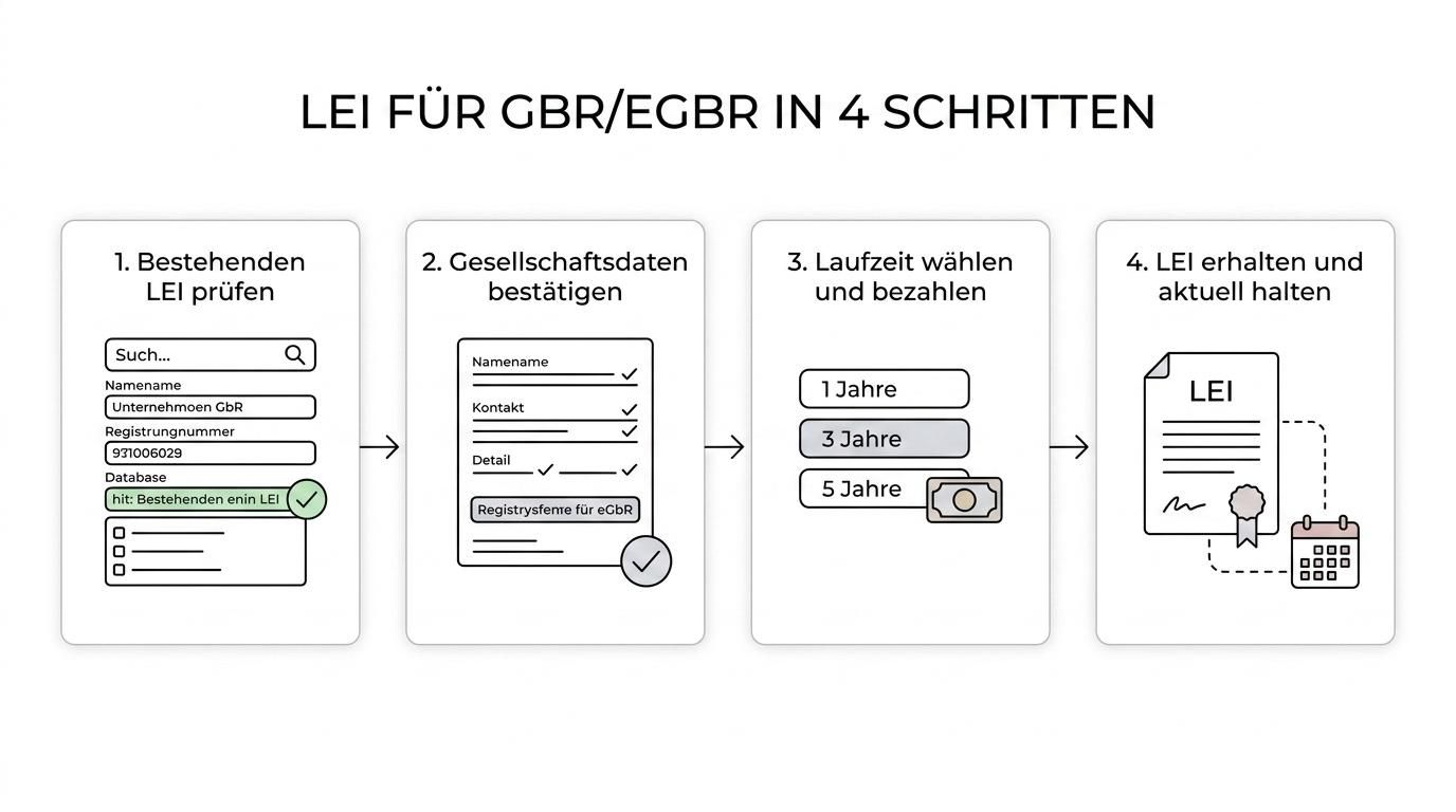 A step-by-step flow showing LEI application for a GbR or eGbR: entity data, contact details, term selection, payment, submission, and ongoing renewal or data updates.