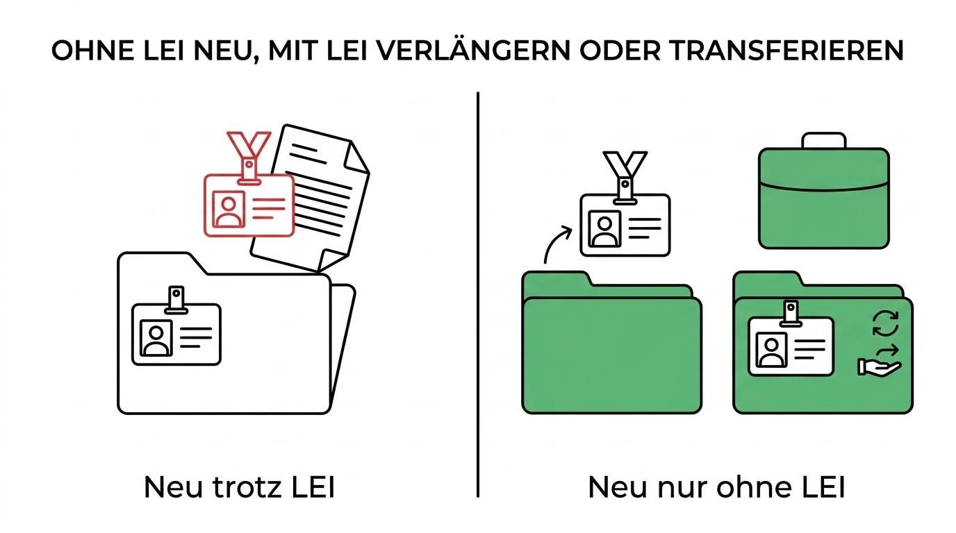 Side-by-side comparison of LEI new application, renewal, and transfer with their main use cases and whether the LEI code changes.