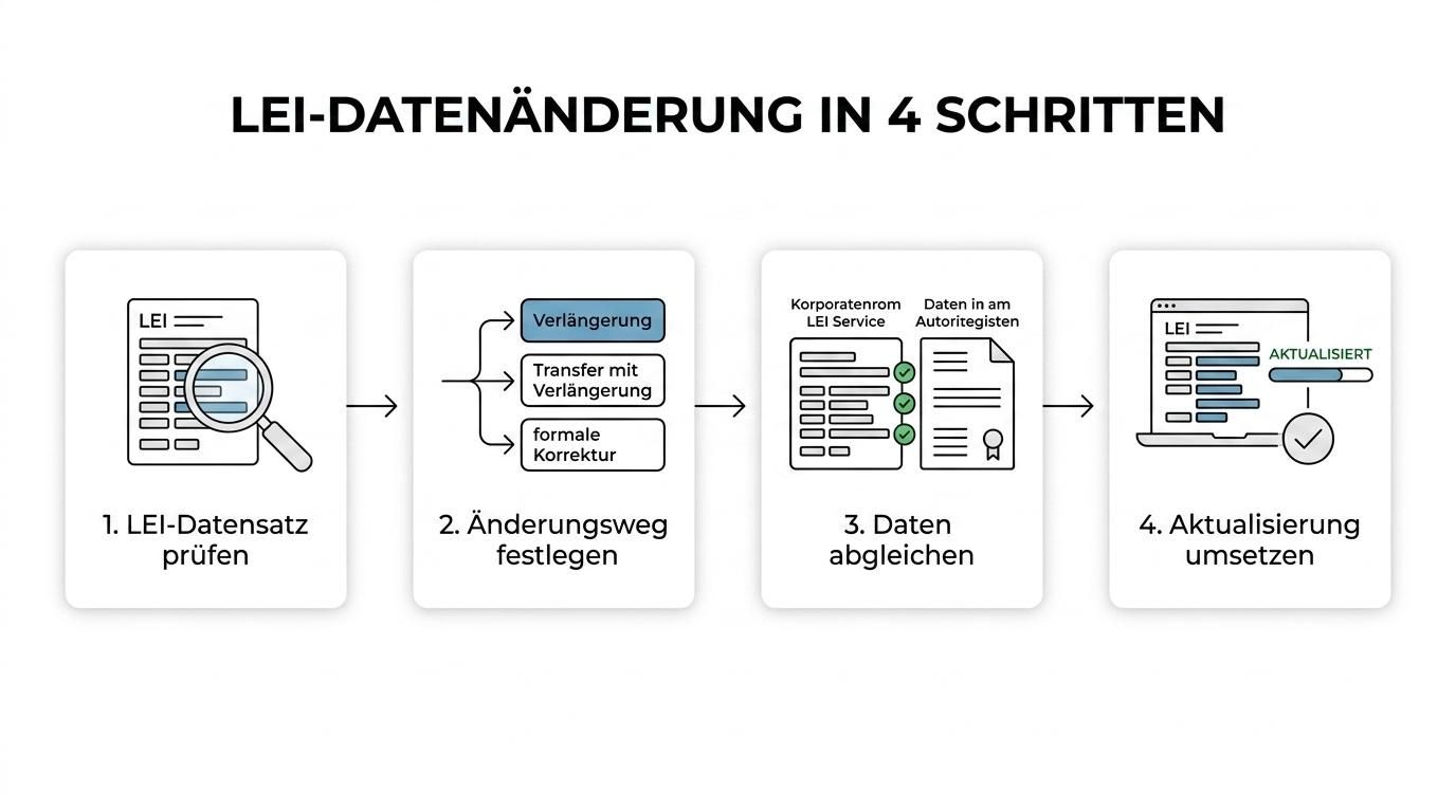 Vierstufiger Ablauf zur LEI-Datenänderung: LEI prüfen, Änderung einordnen, Daten abgleichen und Pflege umsetzen.